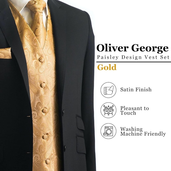 Oliver George Men's 4pc Paisley Design Tuxedo Vest & Ties inGold Floral Jacquard - Picture 2 of 8